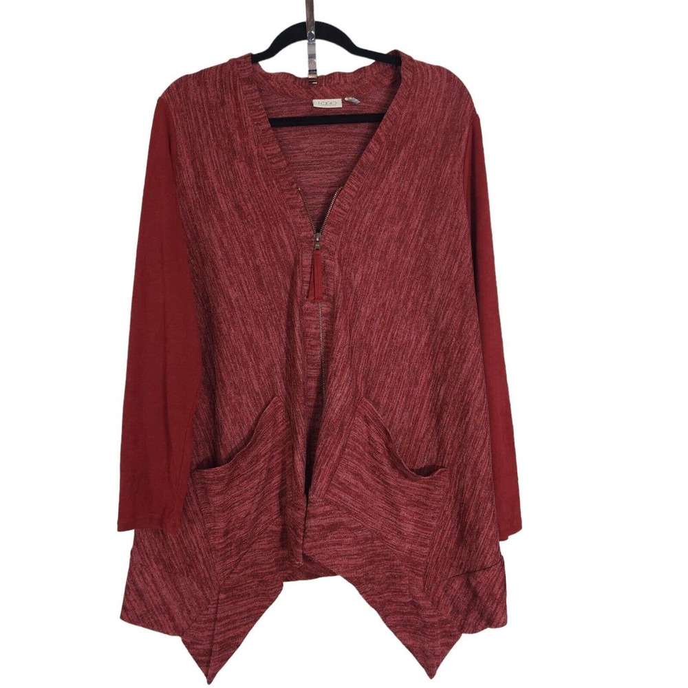 Logo Lori Goldstein Womens Jacket Red Heathered Ultrasuede Zip Up Hanky Tunic M - Picture 1 of 10